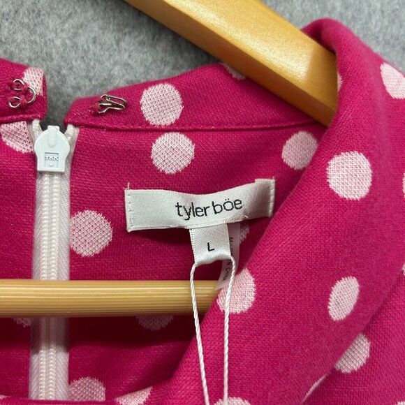 Tyler Böe NWT Pink Polka Dot Dress Womens Large Pleated Pockets Peter Pan Collar - Picture 2 of 14